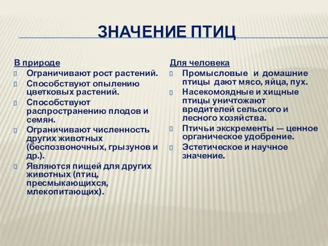 ЗНАЧЕНИЕ ПТИЦ В природе Ограничивают рост растений. Способствуют опылению цветковых