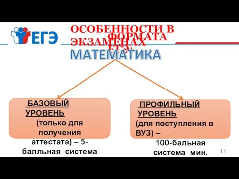 ОСОБЕННОСТИ В ЭКЗАМЕНАХ ФОРМАТА ЕГЭ: 11 БАЗОВЫЙ УРОВЕНЬ (только для