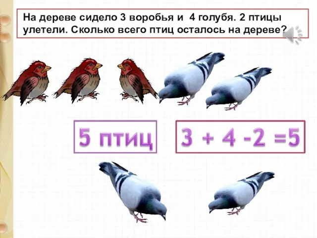 На дереве сидело 3 воробья и 4 голубя. 2 птицы