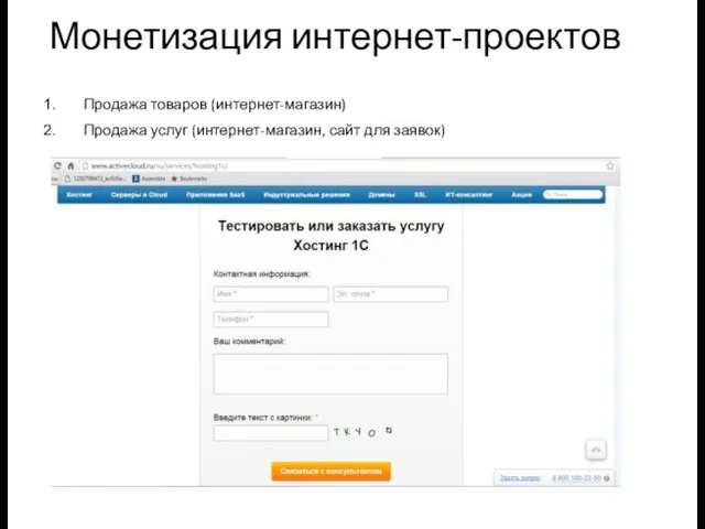 Монетизация интернет-проектов Продажа товаров (интернет-магазин) Продажа услуг (интернет-магазин, сайт для заявок)