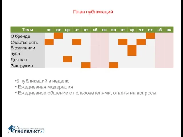 План публикаций 5 публикаций в неделю Ежедневная модерация Ежедневное общение с пользователями, ответы на вопросы