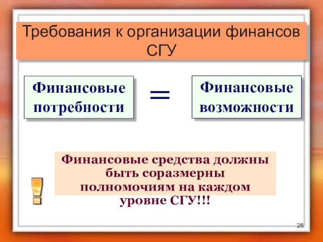 Финансовые средства должны быть соразмерны полномочиям на каждом уровне СГУ!!! Требования к организации финансов СГУ