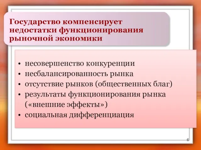 несовершенство конкуренции несбалансированность рынка отсутствие рынков (общественных благ) результаты функционирования рынка («внешние эффекты») социальная дифференциация