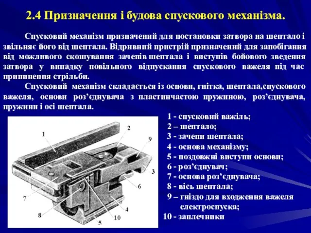 2.4 Призначення і будова спускового механізма. Спусковий механізм призначений для