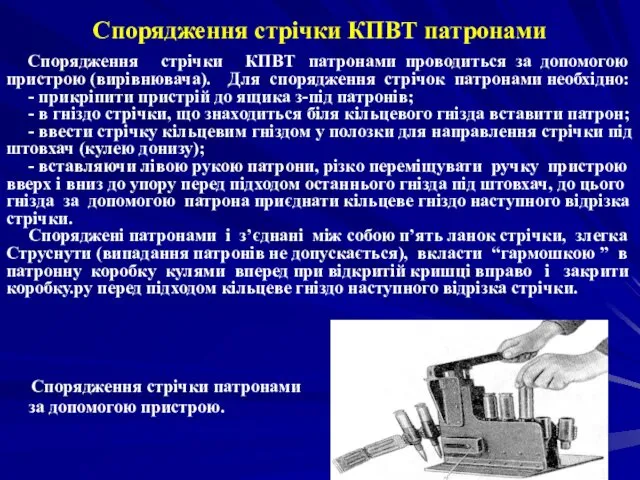 Спорядження стрічки КПВТ патронами Спорядження стрічки КПВТ патронами проводиться за