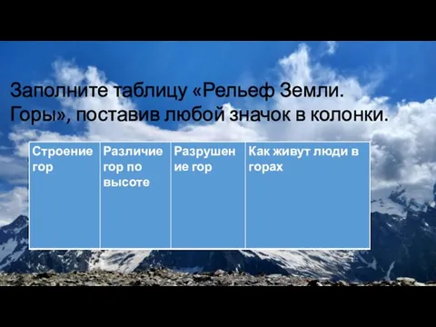 Заполните таблицу «Рельеф Земли. Горы», поставив любой значок в колонки.