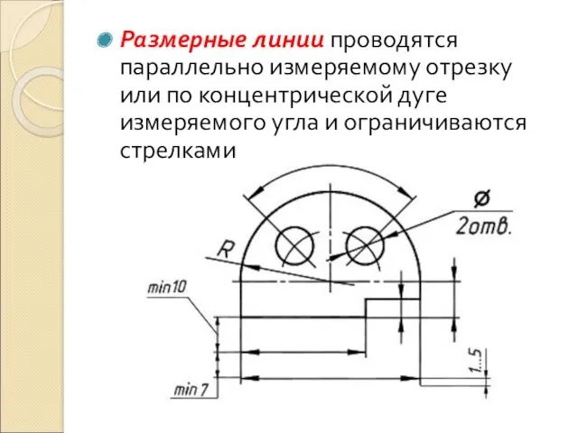 Размерные линии проводятся параллельно измеряемому отрезку или по концентрической дуге измеряемого угла и ограничиваются стрелками