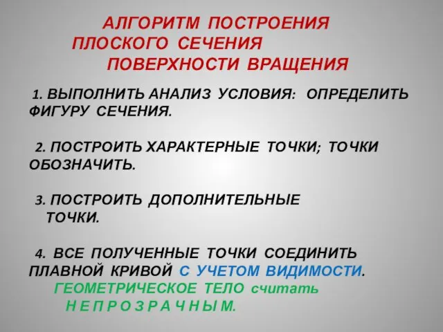 АЛГОРИТМ ПОСТРОЕНИЯ ПЛОСКОГО СЕЧЕНИЯ ПОВЕРХНОСТИ ВРАЩЕНИЯ 1. ВЫПОЛНИТЬ АНАЛИЗ УСЛОВИЯ: