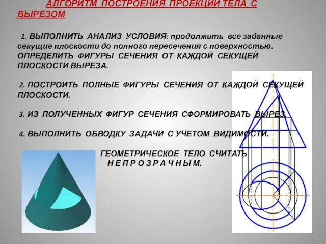 АЛГОРИТМ ПОСТРОЕНИЯ ПРОЕКЦИЙ ТЕЛА С ВЫРЕЗОМ 1. ВЫПОЛНИТЬ АНАЛИЗ УСЛОВИЯ: