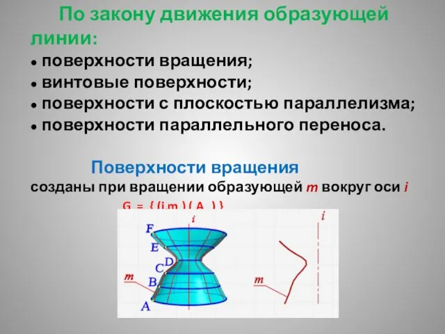 По закону движения образующей линии: ● поверхности вращения; ● винтовые