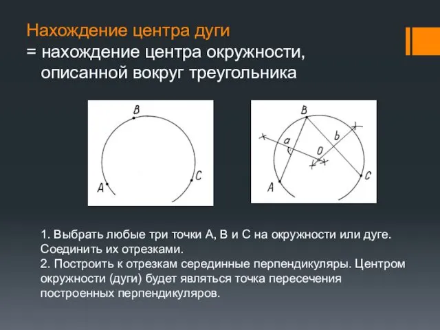 Нахождение центра дуги = нахождение центра окружности, описанной вокруг треугольника