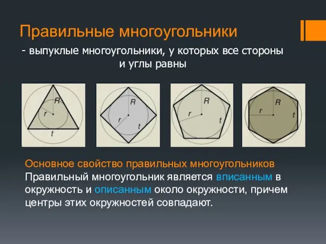 Правильные многоугольники - выпуклые многоугольники, у которых все стороны и