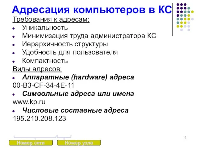 Адресация компьютеров в КС Требования к адресам: Уникальность Минимизация труда