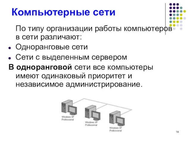 Компьютерные сети По типу организации работы компьютеров в сети различают: