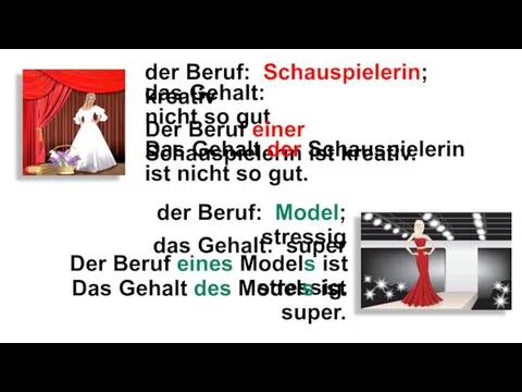 der Beruf: Schauspielerin; kreativ das Gehalt: nicht so gut Der