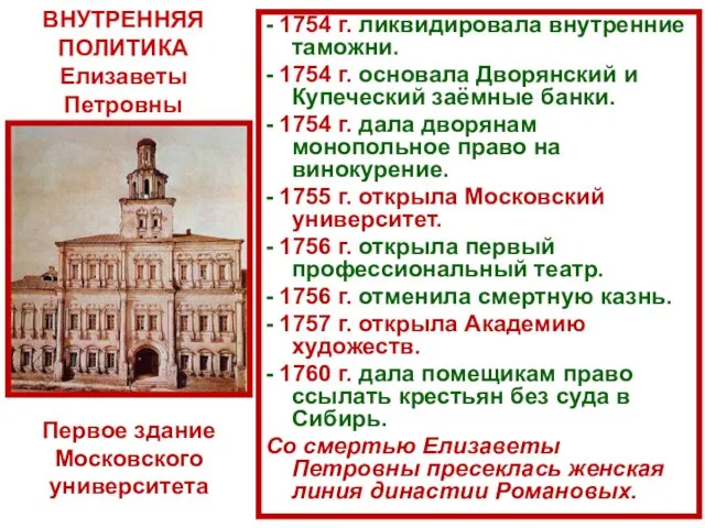 - 1754 г. ликвидировала внутренние таможни. - 1754 г. основала