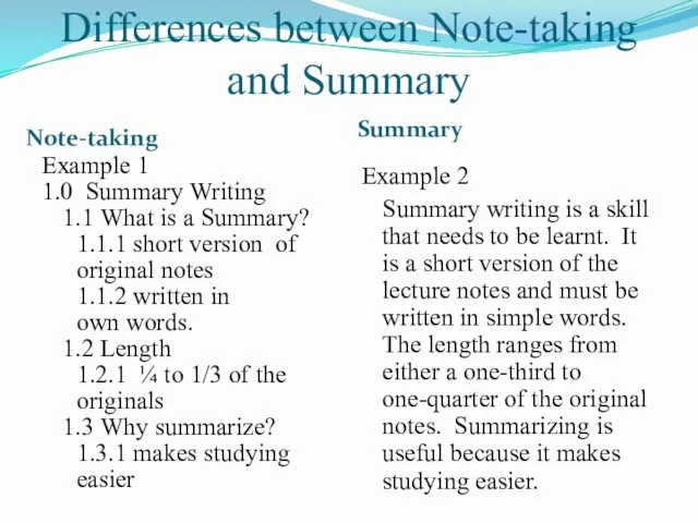 Differences between Note-taking and Summary Note-taking Summary Example 1 1.0