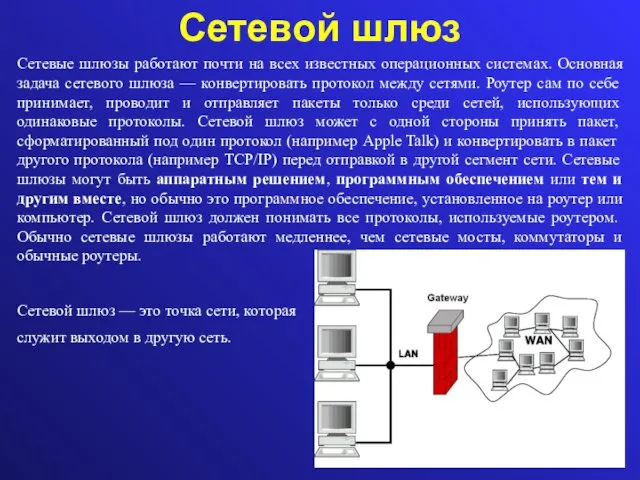 Сетевой шлюз Сетевые шлюзы работают почти на всех известных операционных