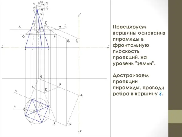 Проецируем вершины основания пирамиды в фронтальную плоскость проекций, на уровень