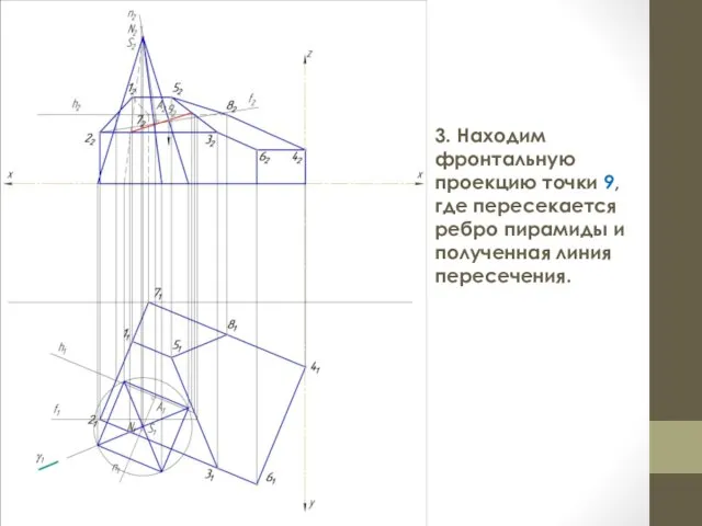 3. Находим фронтальную проекцию точки 9, где пересекается ребро пирамиды и полученная линия пересечения.