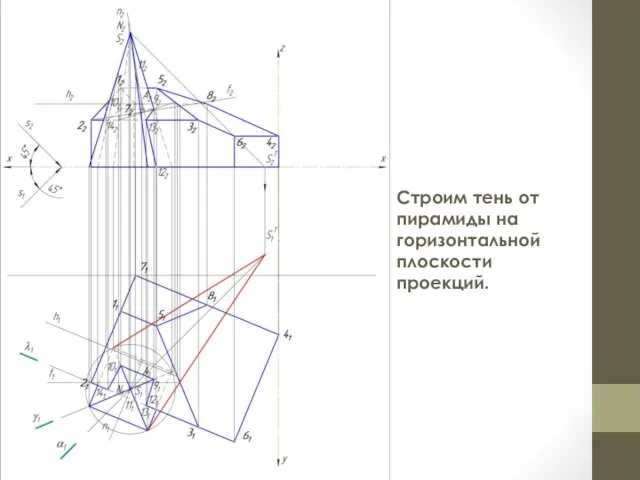 Строим тень от пирамиды на горизонтальной плоскости проекций.