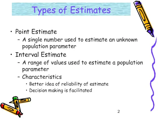 Types of Estimates Point Estimate A single number used to estimate an unknown
