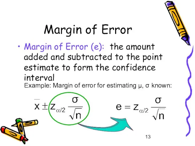 Margin of Error Margin of Error (e): the amount added and subtracted to