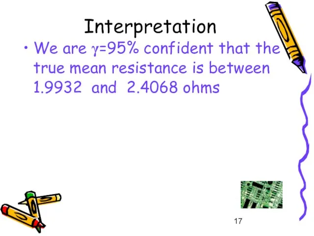Interpretation We are γ=95% confident that the true mean resistance is between 1.9932 and 2.4068 ohms