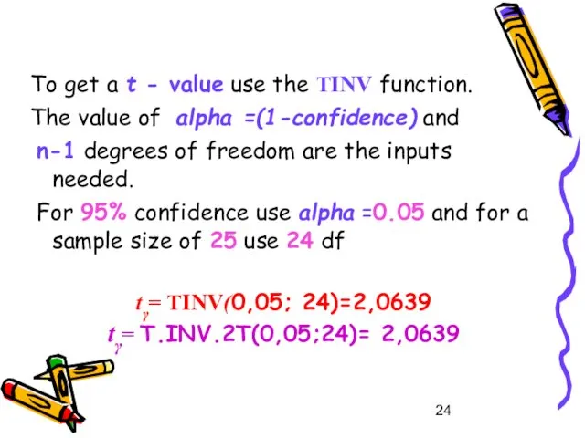 To get a t - value use the TINV function. The value of