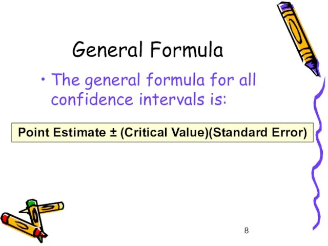 General Formula The general formula for all confidence intervals is: Point Estimate ± (Critical Value)(Standard Error)
