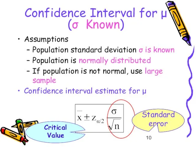 Confidence Interval for μ (σ Known) Assumptions Population standard deviation σ is known