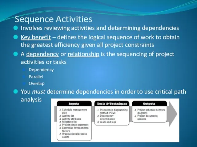 Involves reviewing activities and determining dependencies Key benefit – defines the logical sequence