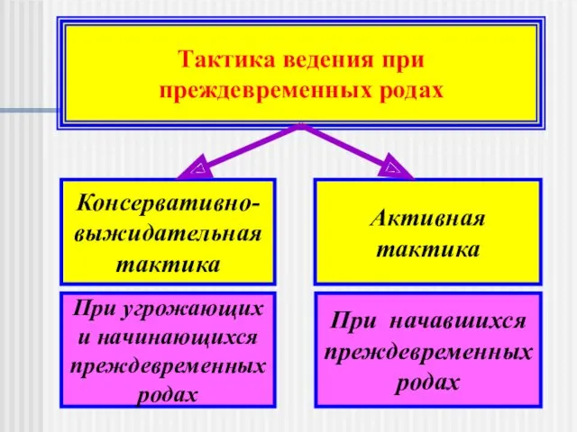 Тактика ведения при преждевременных родах Консервативно-выжидательная тактика Активная тактика При