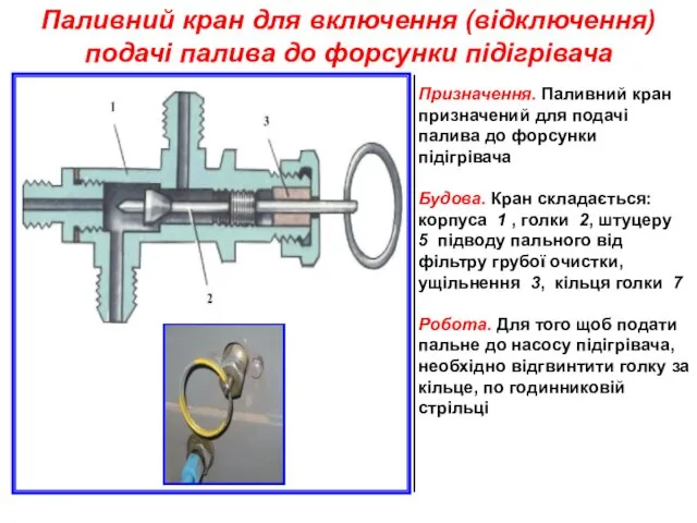 Призначення. Паливний кран призначений для подачі палива до форсунки підігрівача Будова. Кран складається: