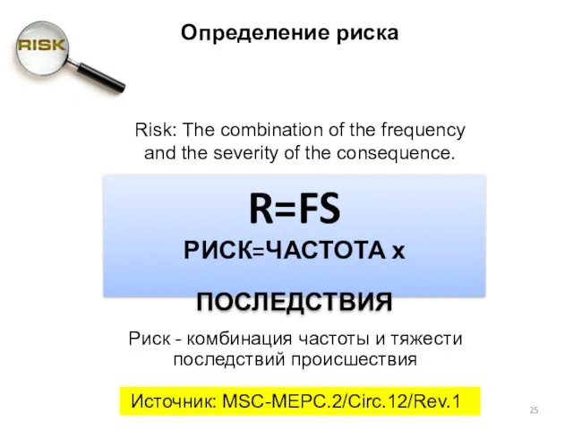 Risk: The combination of the frequency and the severity of the consequence. Риск