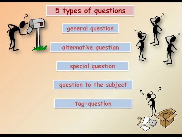 5 types of questions general question alternative question special question question to the subject tag-question