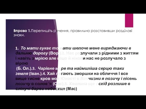 Вправа 1.Перепишіть речення, правильно розставивши розді­лові знаки. 1. То мати