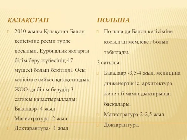 ҚАЗАҚСТАН ПОЛЬША 2010 жылы Қазақстан Балон келісіміне ресми түрде қосылып, Еуропалық жоғарғы білім