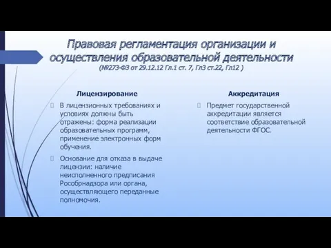 Правовая регламентация организации и осуществления образовательной деятельности (№273-ФЗ от 29.12.12