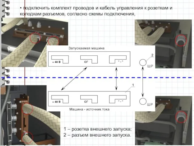 • подключить комплект проводов и кабель управления к розеткам и