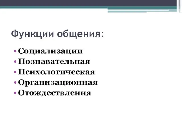 Функции общения: Социализации Познавательная Психологическая Организационная Отождествления