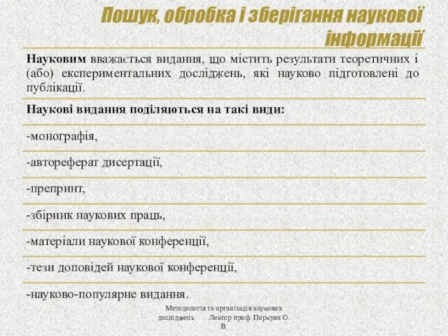 Пошук, обробка і зберігання наукової інформації Методологія та організація наукових досліджень Лектор проф. Поркуян О.В.