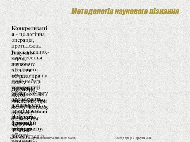 Методологія наукового пізнання Конкретизація - це логічна операція, протилежна узагальненню,-