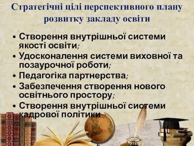 Стратегічні цілі перспективного плану розвитку закладу освіти Створення внутрішньої системи