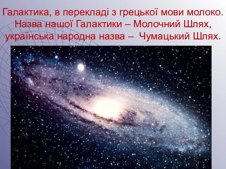 Галактика, в перекладі з грецької мови молоко. Назва нашої Галактики