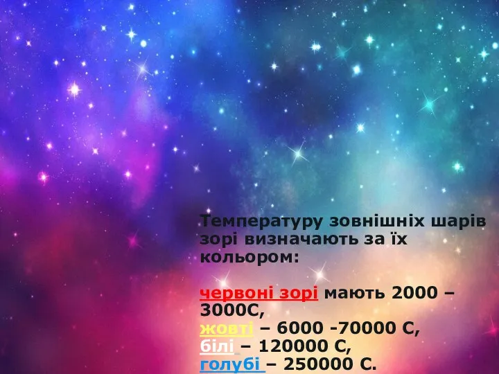 Температуру зовнішніх шарів зорі визначають за їх кольором: червоні зорі