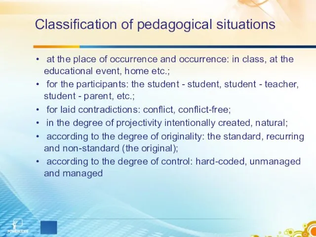 Classification of pedagogical situations at the place of occurrence and