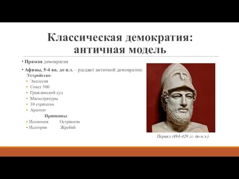 Классическая демократия: античная модель Прямая демократия Афины, 5-4 вв. до