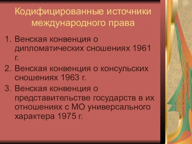 Кодифицированные источники международного права Венская конвенция о дипломатических сношениях 1961