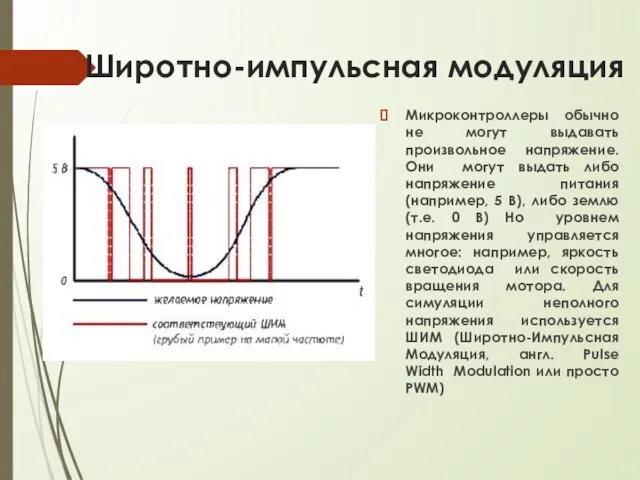 Широтно-импульсная модуляция Микроконтроллеры обычно не могут выдавать произвольное напряжение. Они